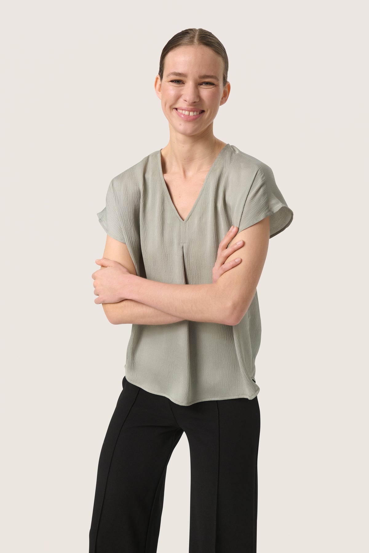 Soaked in Luxury Loana Marija Shadow Green V-Neck Blouse, 30407198