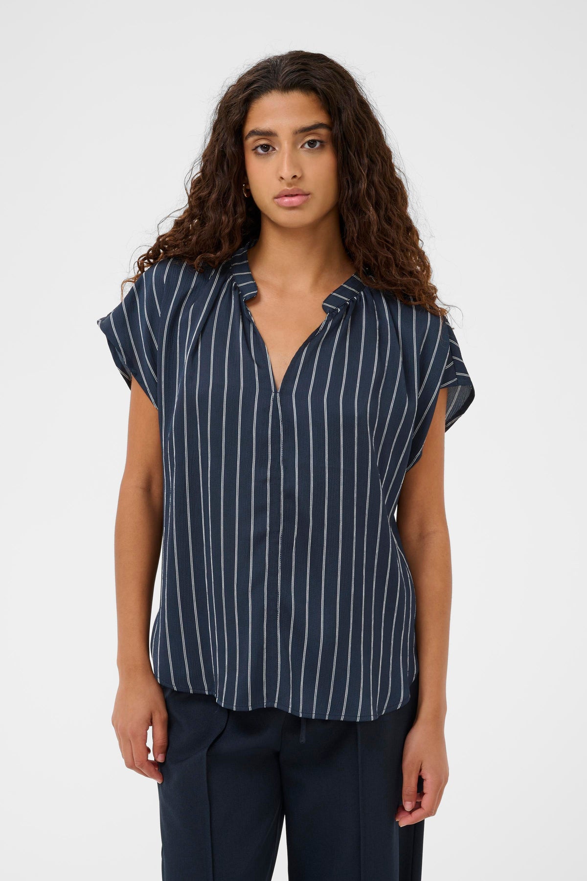 Soaked in Luxury SLLoana Salute Navy Striped V-Neck Top, 30408705