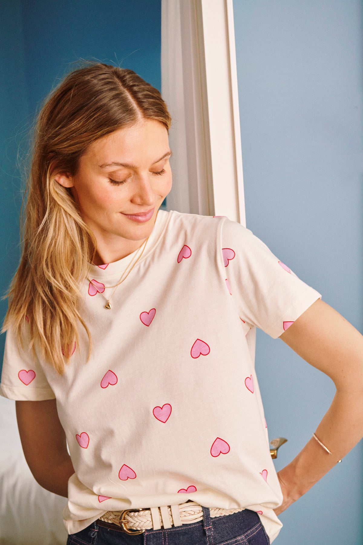 Saint Tropez Pixilina Cream Bonbon Pink Heart Print T-Shirt, 30514919