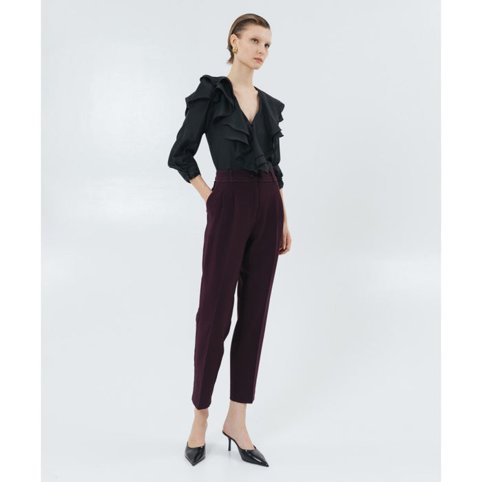 Access Fashion Highwaisted Burgundy Plum Cigarette Trousers with Pleated Detailing