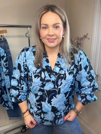 Kaffe Kasasia Blue Flower Print V-Neck Blouse