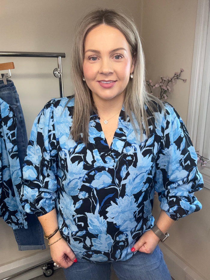 Kaffe Kasasia Blue Flower Print V-Neck Blouse
