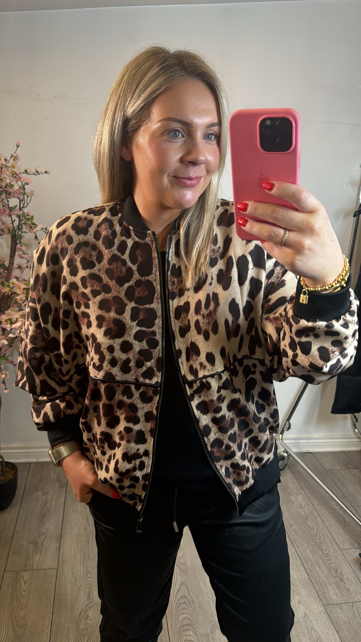 Access Fashion Leopard Bomber with Faux Leather Trim, 44-1087