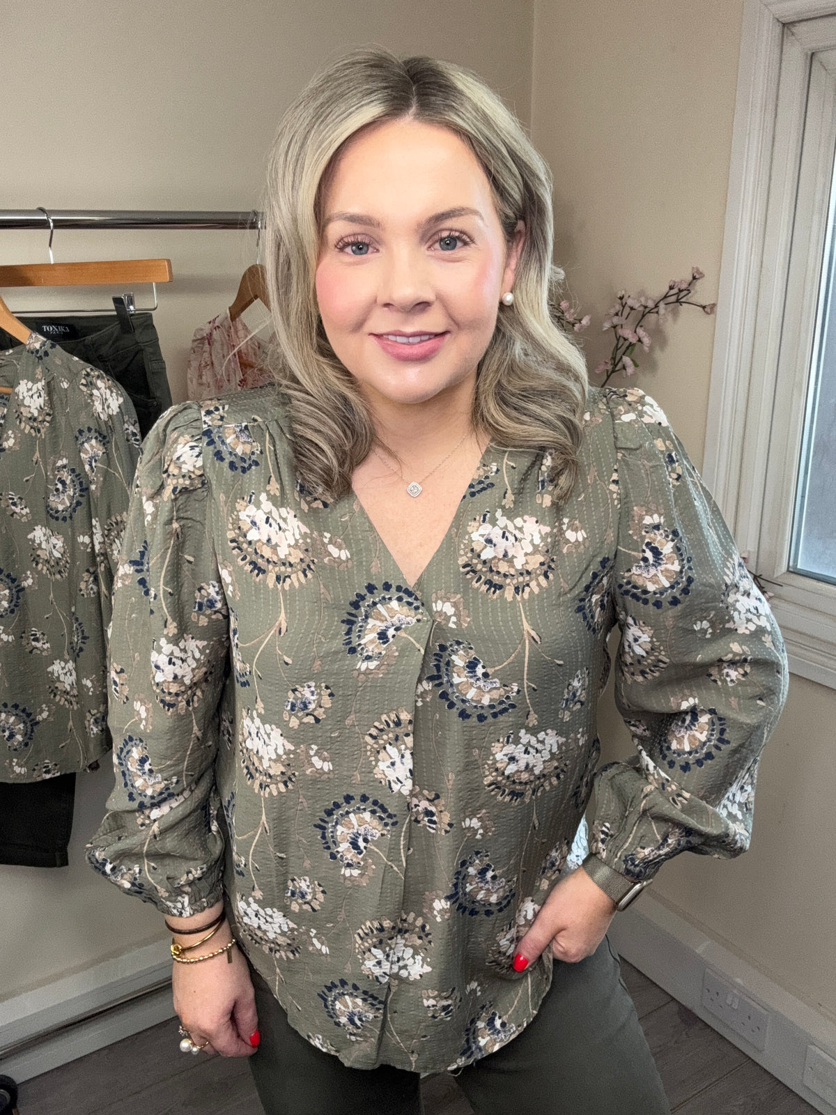 FRANSA FRKalia Olive Khaki Floral V-Neck Blouse