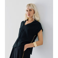 Access Fashion Black V-Neck Blouse with Cream Piping