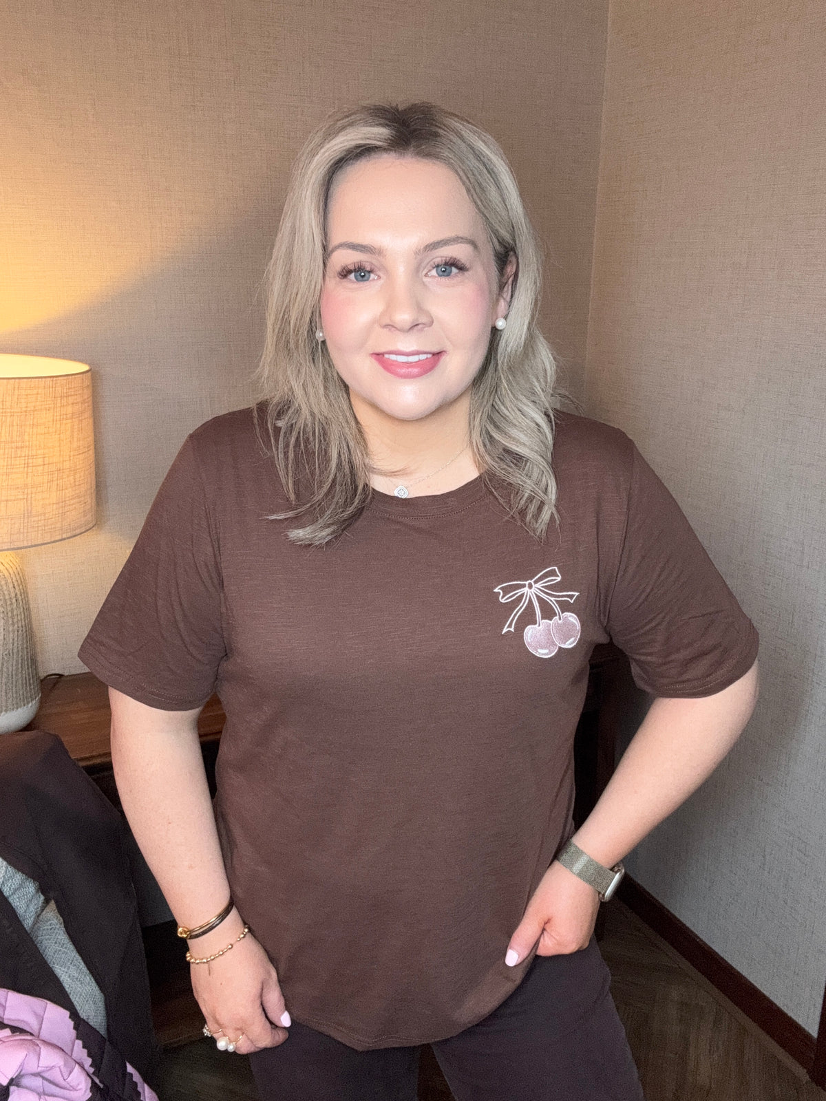 Coster Copenhagen Chocolate T-Shirt with Baby Pink Embroidered Cherry