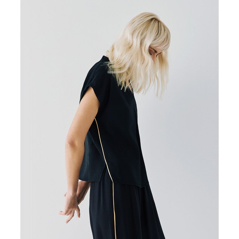 Access Fashion Black V-Neck Blouse with Cream Piping