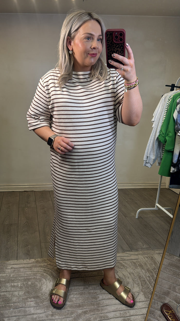 Soaked in Luxury Ingina White/Cappucino Striped Midi T-Shirt Dress