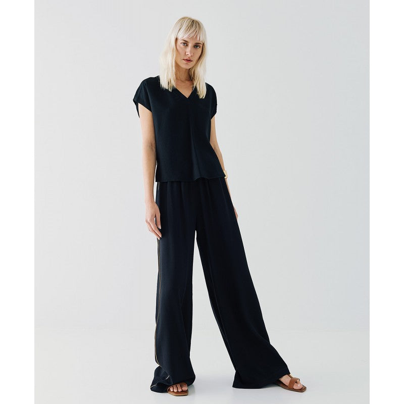 Access Fashion Black V-Neck Blouse with Cream Piping