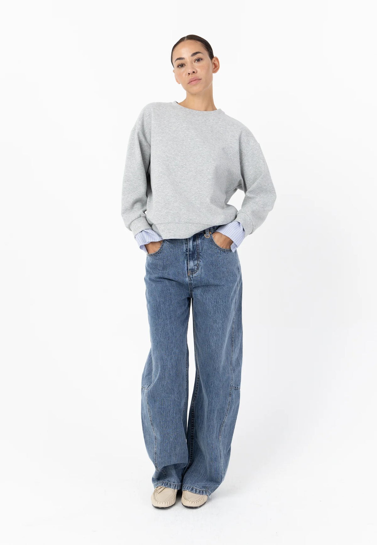 Coster Copenhagen Grey Melange Modal Sweatshirt with Striped Detachable Cuffs