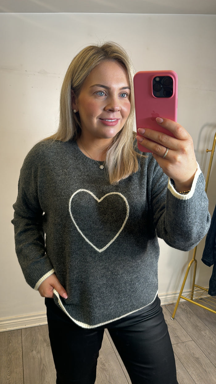 Grace & Mila Grey Oversized Embroidered Heart Knit