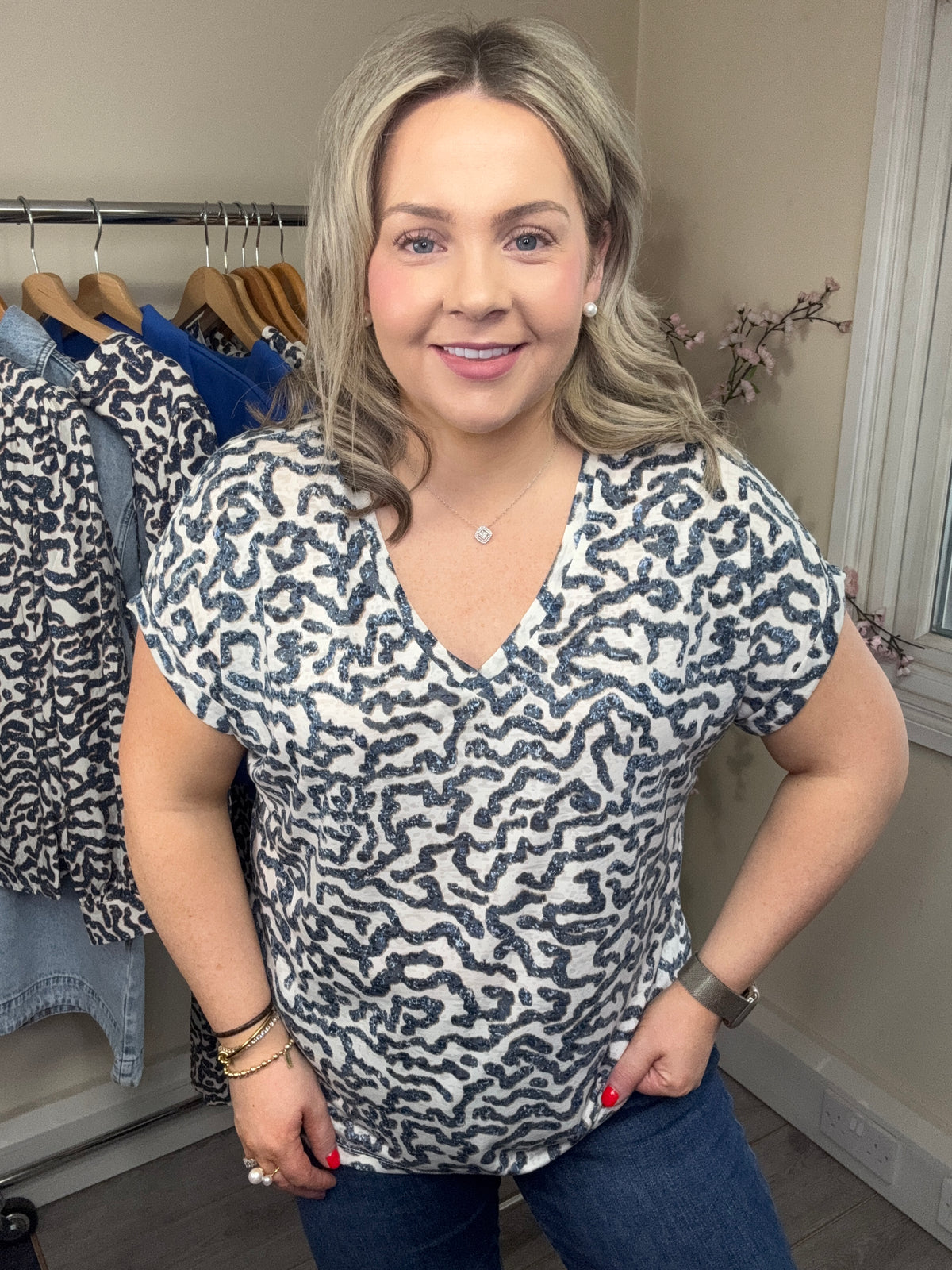 Garcia Summer Cobalt Abstract Ultimate Printed V-Neck T-Shirt, O260002