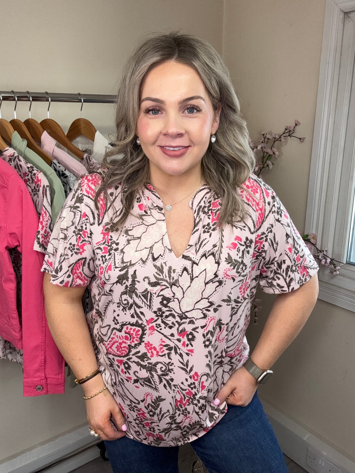 Fransa FrSeen Lotus Pink Floral Print V-Neck T-Shirt, 20617629