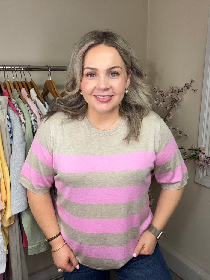 Kaffe Kalizza Feather Beige/Candy Pink Striped Knit