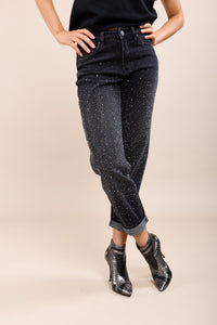 Toxik Highwaisted Boyfriend Charcoal Black Embellished Cropped Jeans