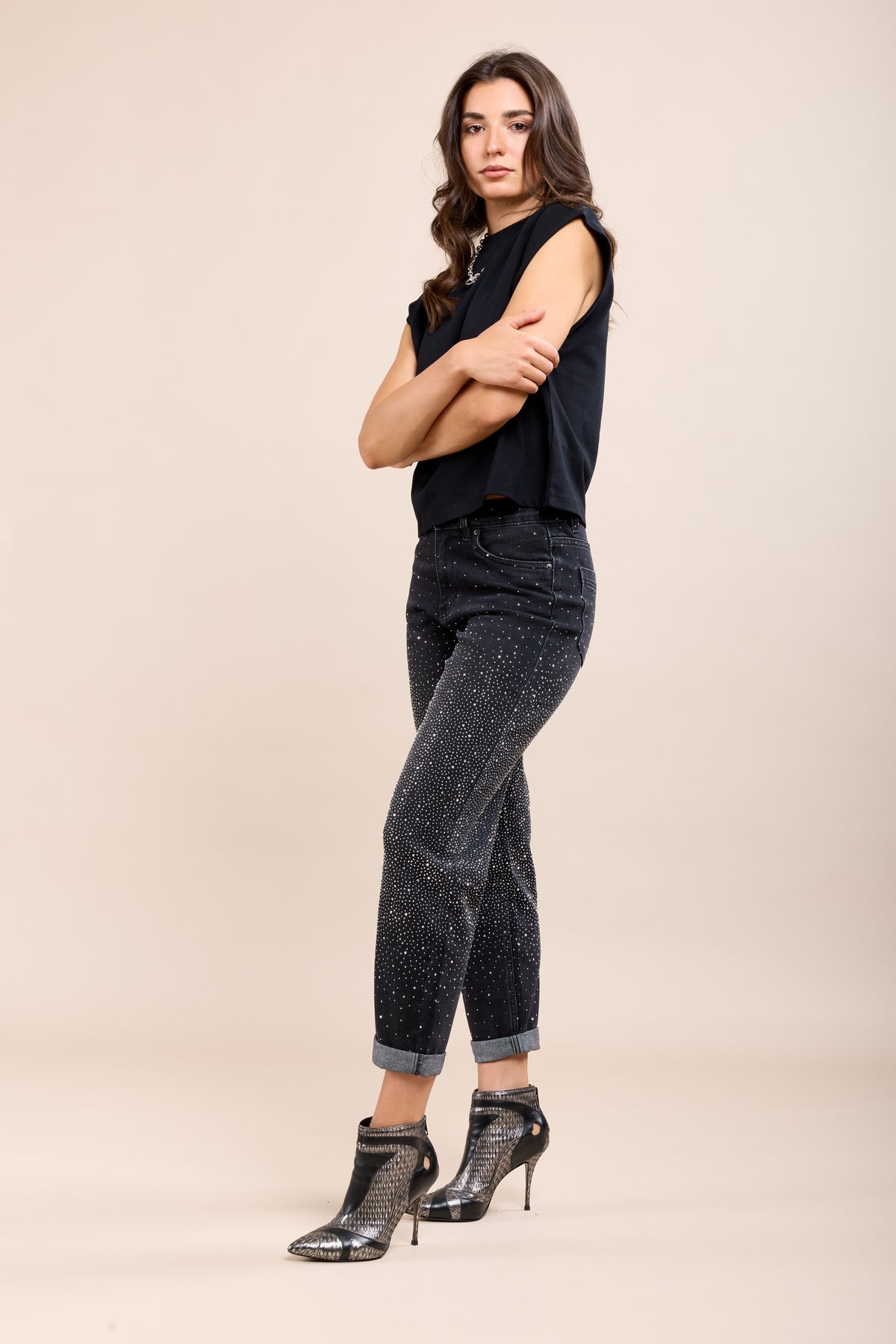 Toxik Highwaisted Boyfriend Charcoal Black Embellished Cropped Jeans