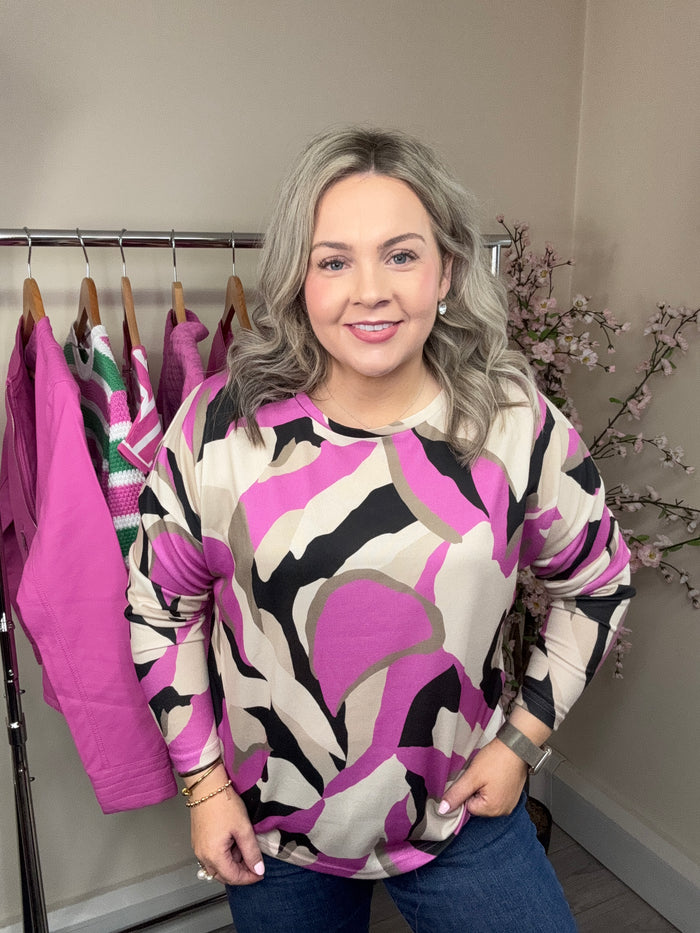 B.Young ByPieta Phlox Pink Abstract Printed Knitted Pullover, 20816335