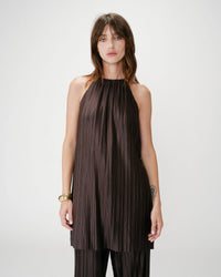 Grace & Mila Wilona Chocolate Brown Halterneck Plisse Short Dress
