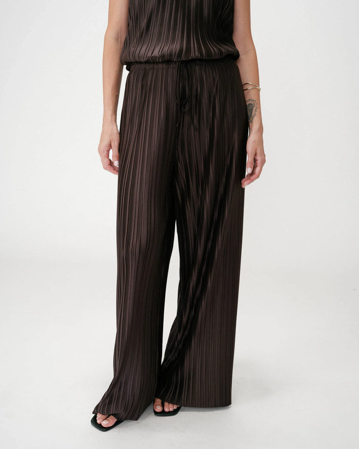 Grace & Mila Wonka Chocolate Brown Plisse Wide Leg Trousers 