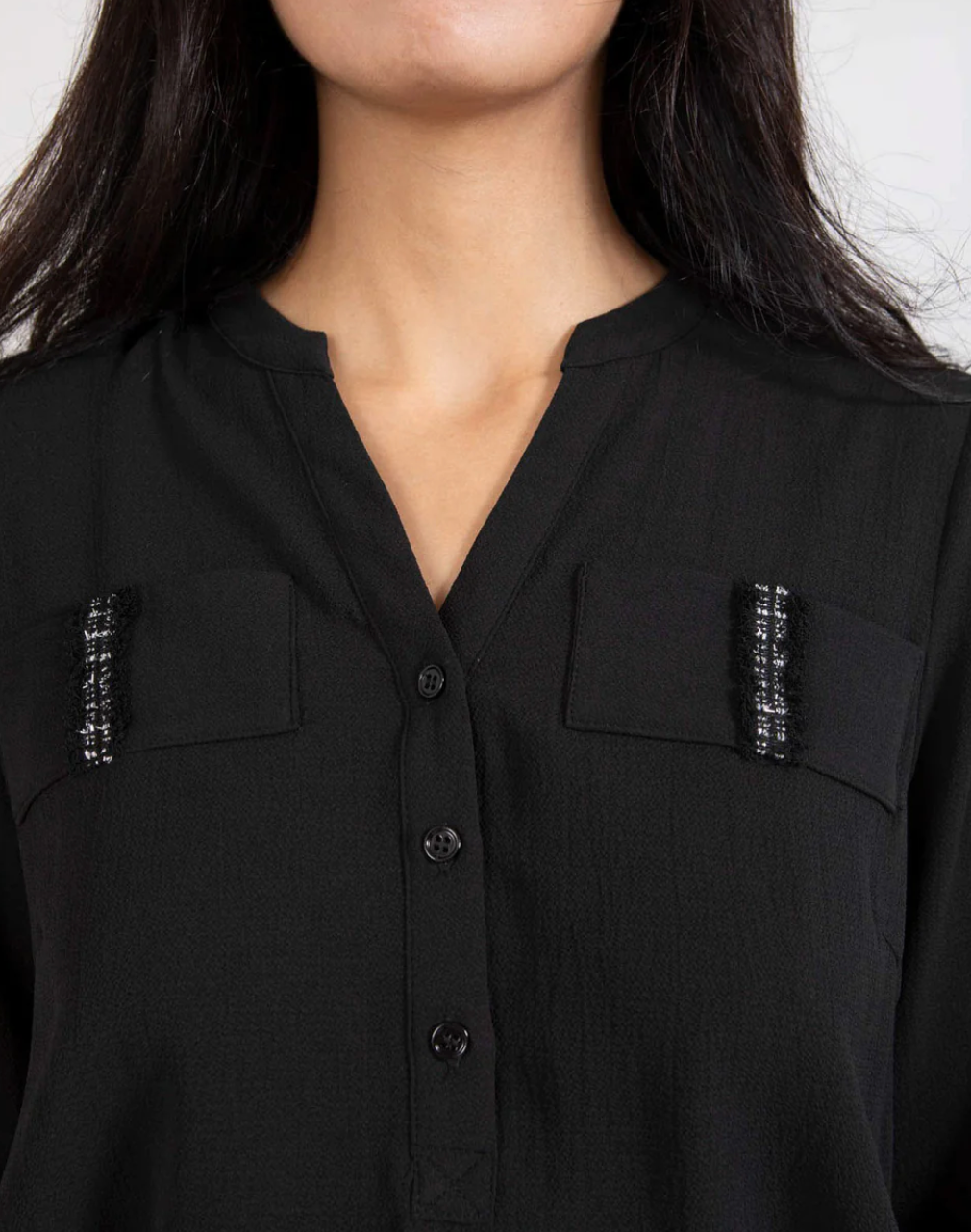 Coster Copenhagen Black V-Neck Blouse with Embellished Tweed Detailing, 235-1505