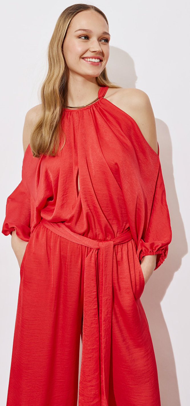 Access Fashion Red Satin Cold Shoulder Jumpsuit