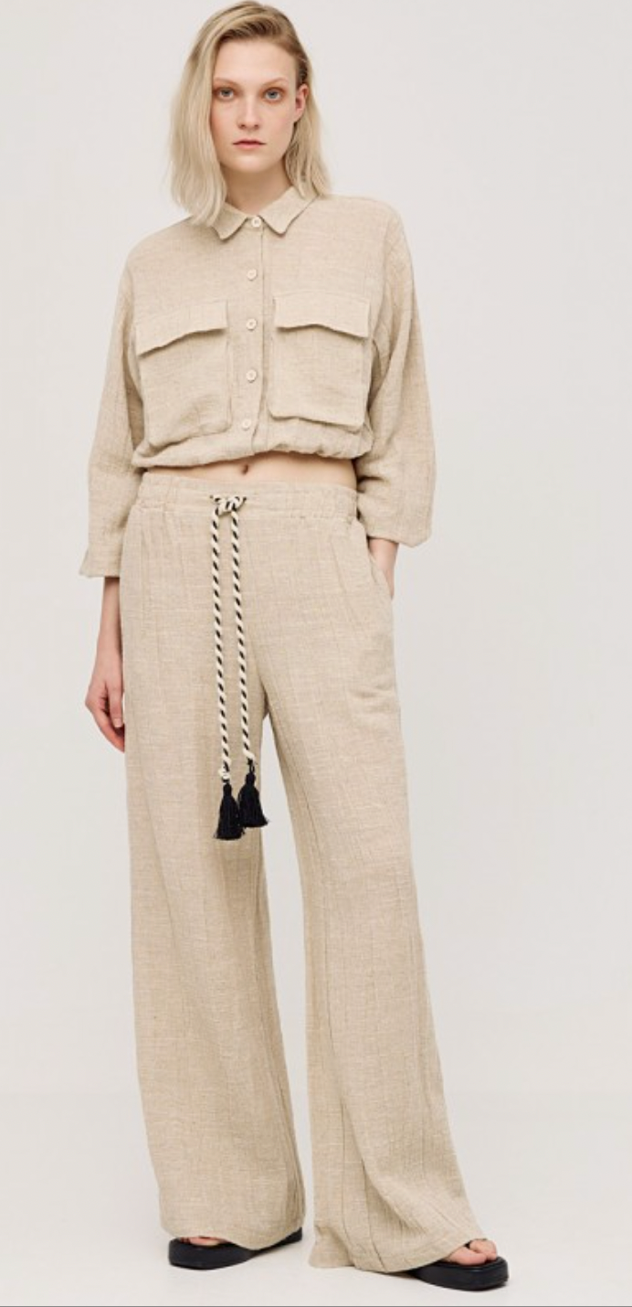 Access Fashion Sand Beige Wide Leg Linen Mix Trousers, 43-5163