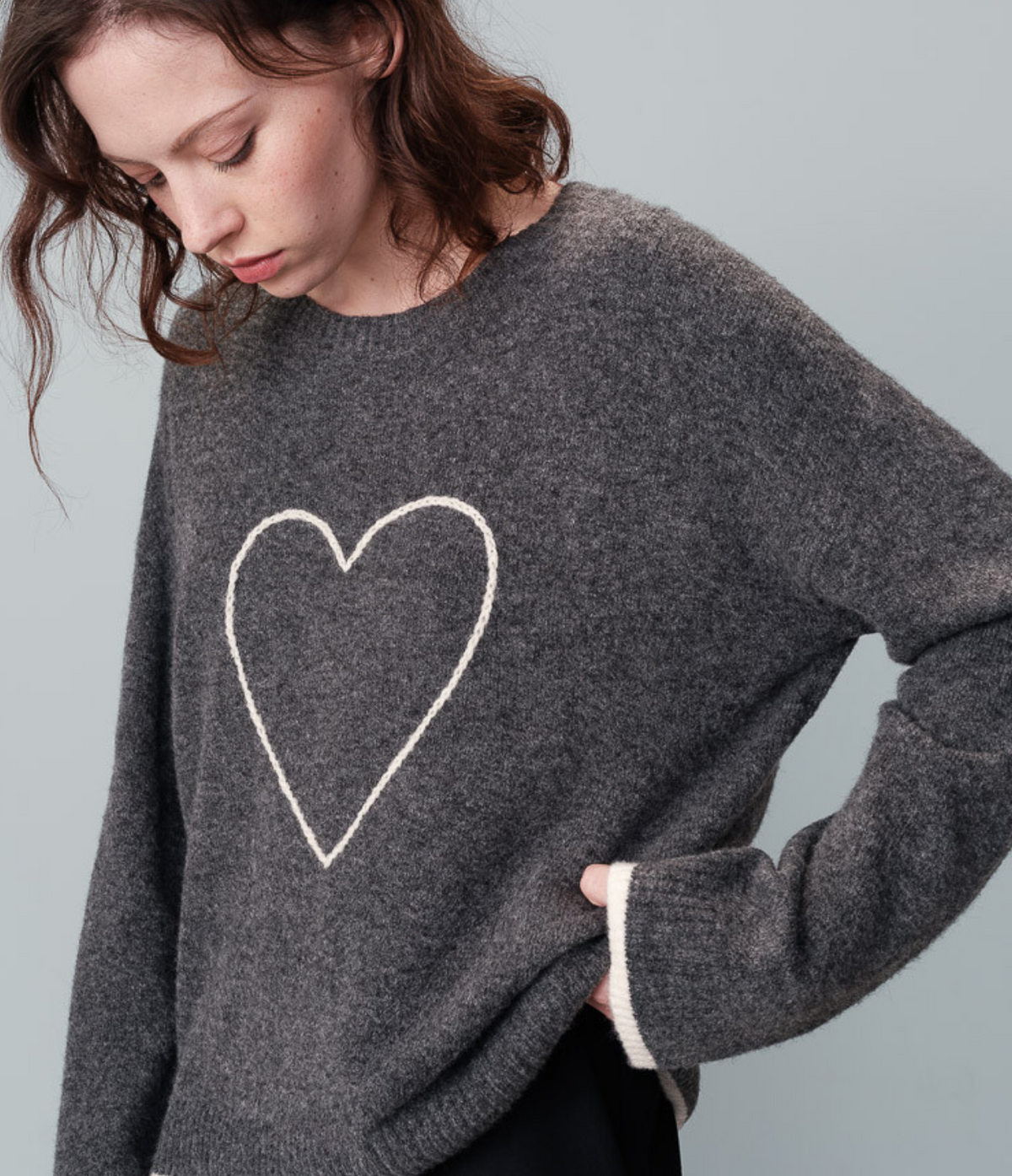 Grace & Mila Grey Oversized Embroidered Heart Knit