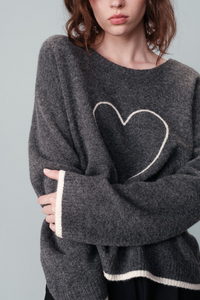 Grace & Mila Grey Oversized Embroidered Heart Knit