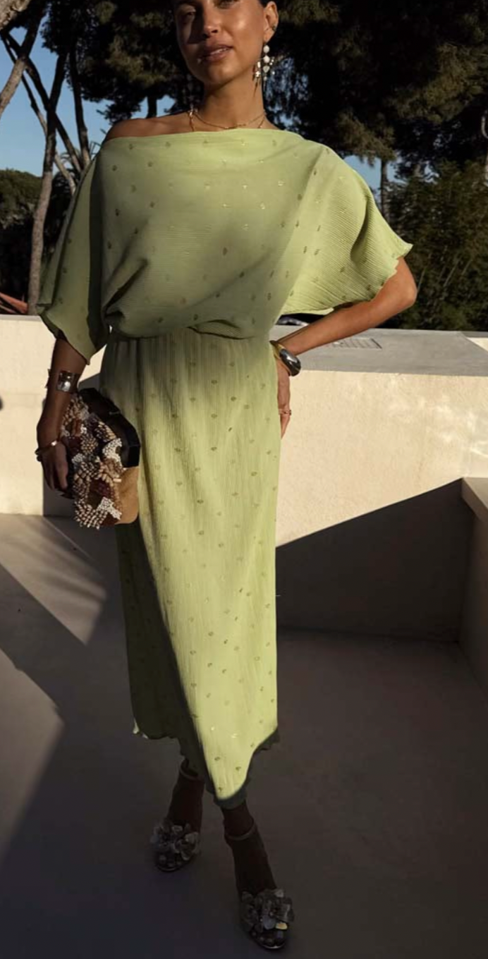 Never Fully Dressed Pistachio Tilly Off the Shoulder Dress