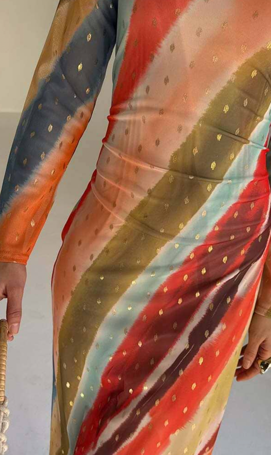 Never Fully Dressed Sunset Stripe Mesh Midi Dress