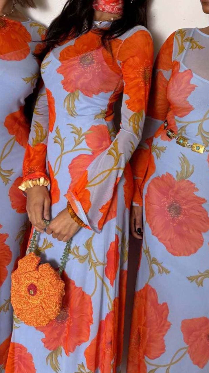 Never Fully Dressed Blue Poppy Aria Mesh Maxi Dress