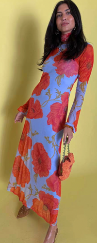 Never Fully Dressed Blue Poppy Aria Mesh Maxi Dress