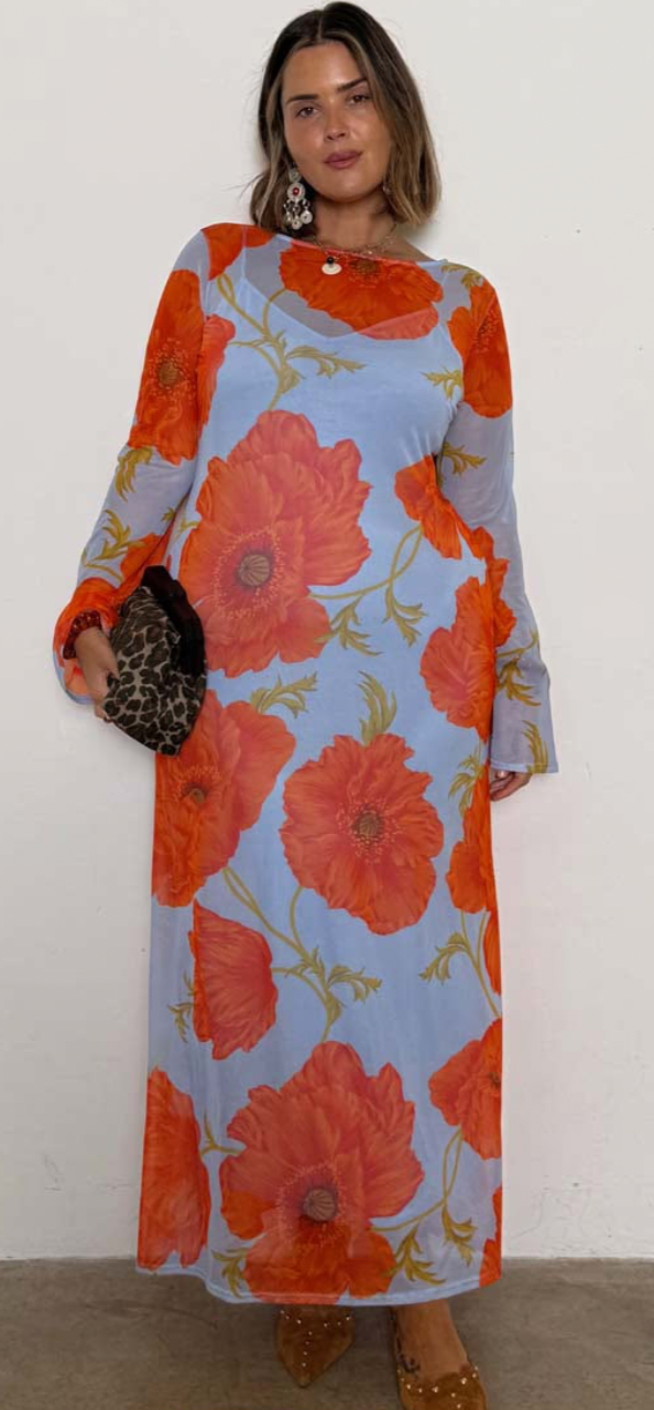 Never Fully Dressed Blue Poppy Aria Mesh Maxi Dress
