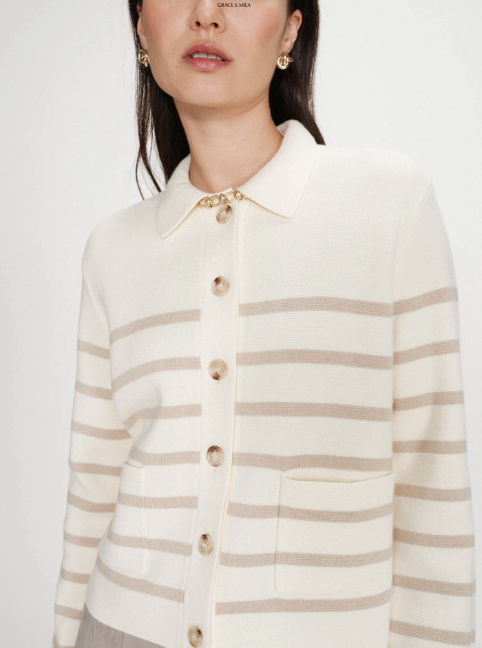 Grace and Mila Maelys Taupe/Cream Striped Supersoft Cropped Cardigan