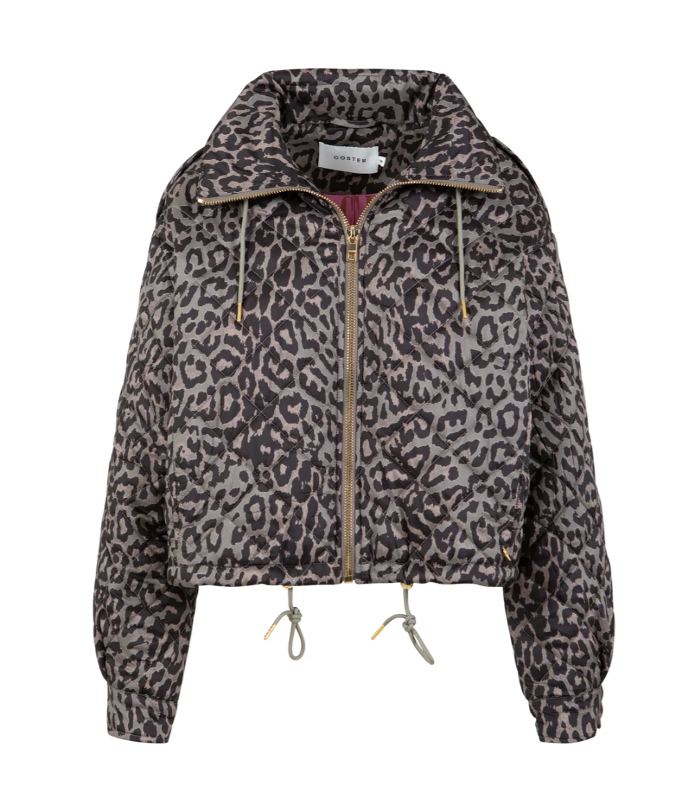 Coster Copenhagen Taupe Khaki Leopard Quilted Cropped Oversized Jacket, 264-6422