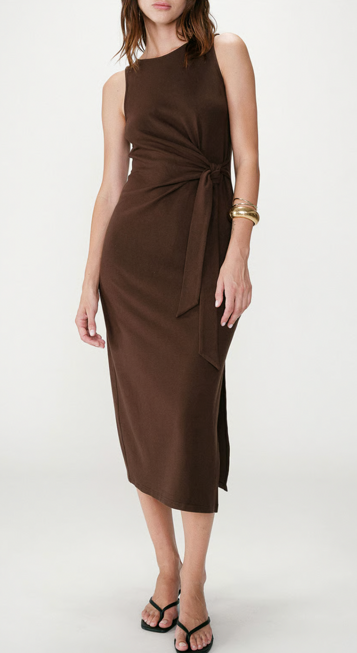 Grace & Mila Wyla Chocolate Brown Round Neck Tie Midi Dress