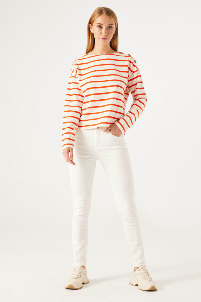 Garcia Manderin Red Stripe Button Sweatshirt Top, N40260