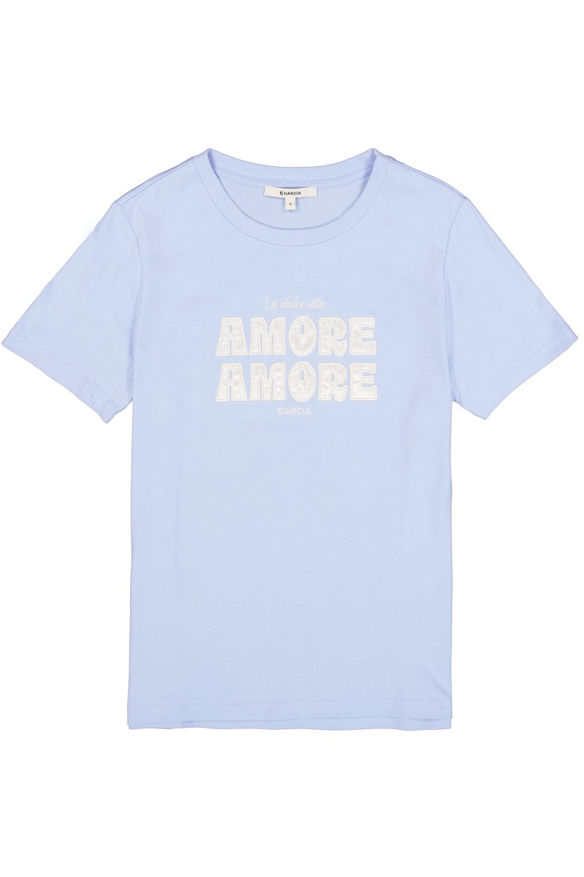 Garcia Cornflower Blue 'AMORE AMORE' Embroidered Satin Logo T-Shirt, O260005