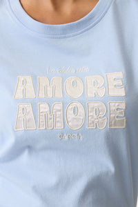 Garcia Cornflower Blue 'AMORE AMORE' Embroidered Satin Logo T-Shirt, O260005