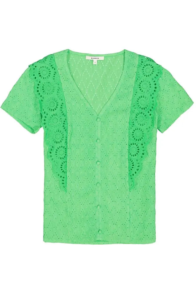 Garcia Festive Green Broderie Anglaise V-Neck Top, P40236