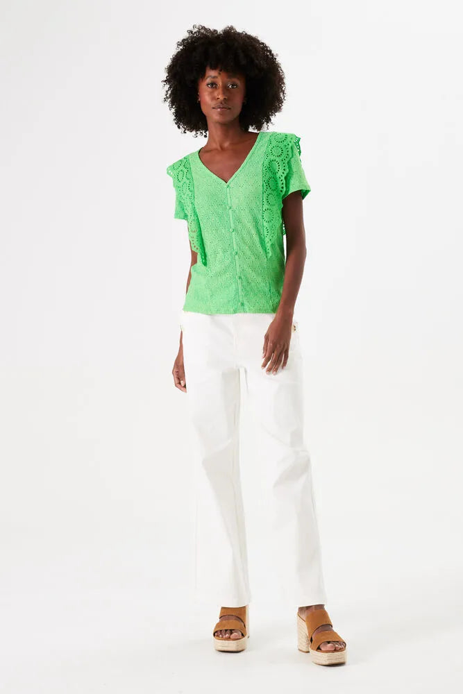 Garcia Festive Green Broderie Anglaise V-Neck Top, P40236