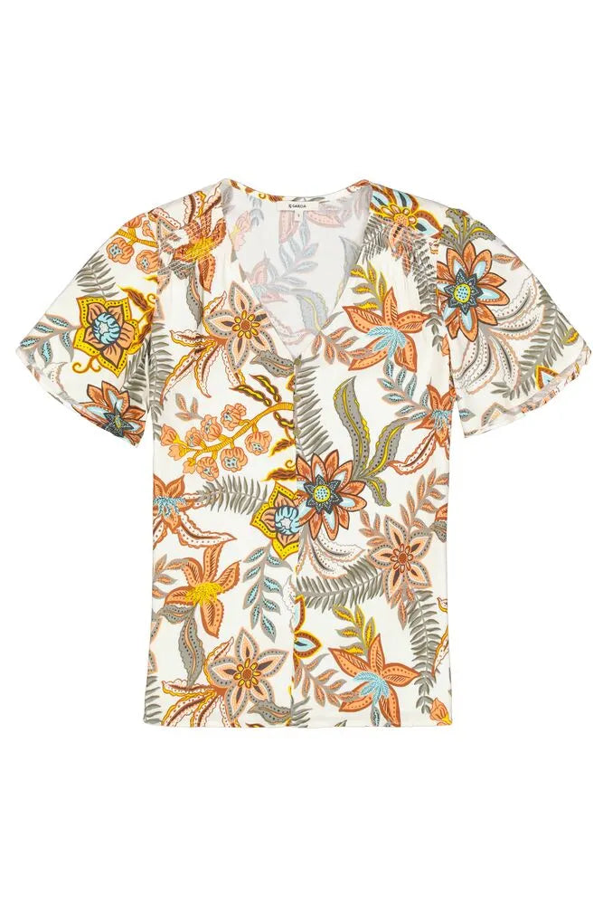 Garcia Soft Cream Floral Abstrat V-Neck Printed Blouse, Q40032