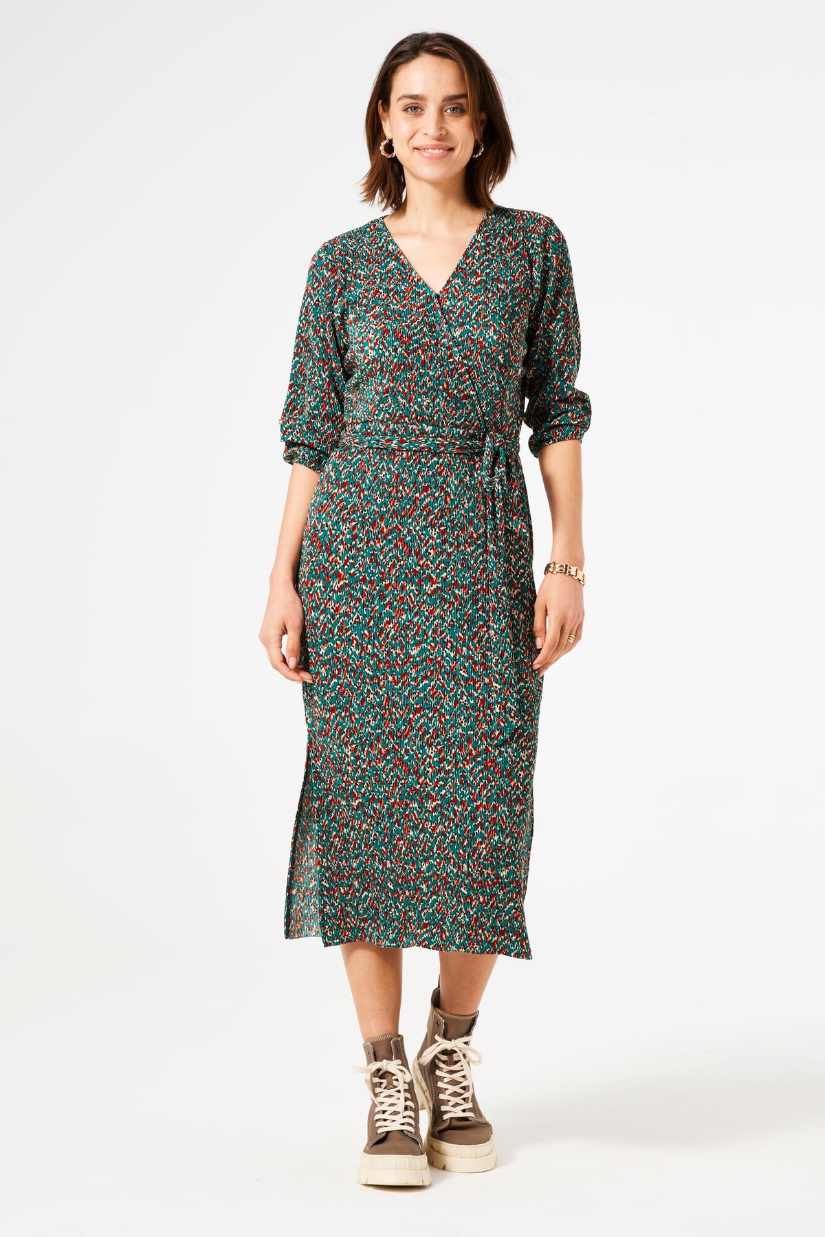 Garcia Ivy Forest Leopard Print Plisse V-Neck Midi Dress, T40283