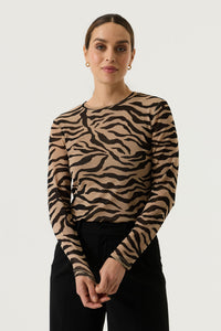 Garcia Black/Stone Taupe Zebra Print Mesh Long Sleeve Top, U260011