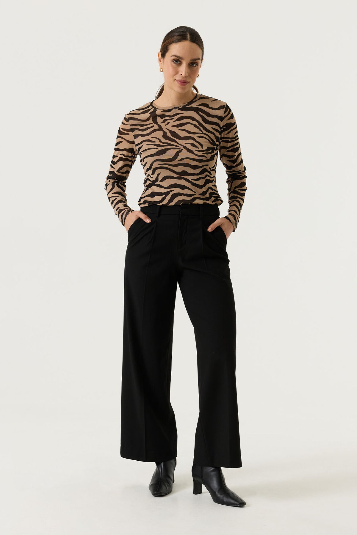 Garcia Black/Stone Taupe Zebra Print Mesh Long Sleeve Top, U260011