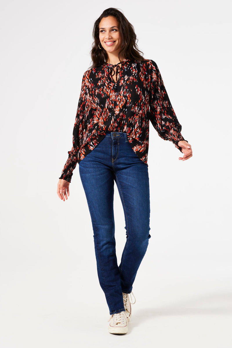 Garcia Black Floral Plisse Tie Neck Blouse, U40032