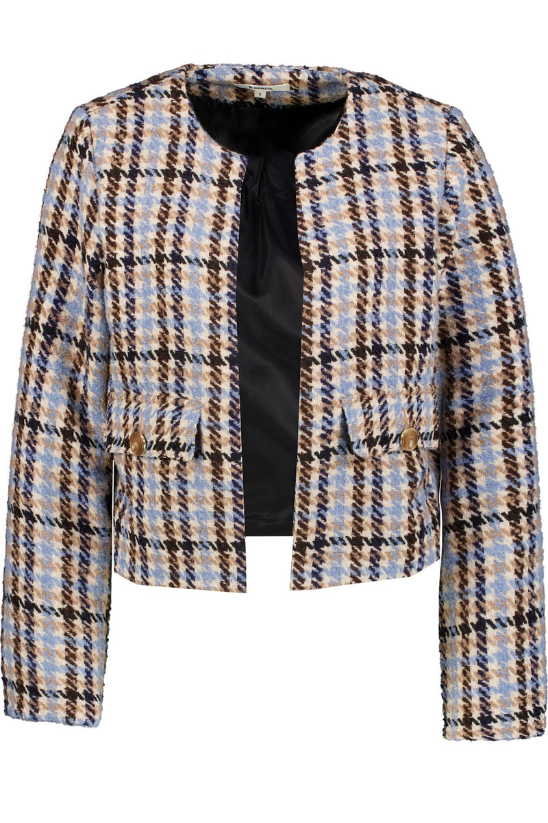 Garcia Baby Blue/Beige Check Edge to Edge Tweed Boucle Jacket, U40092