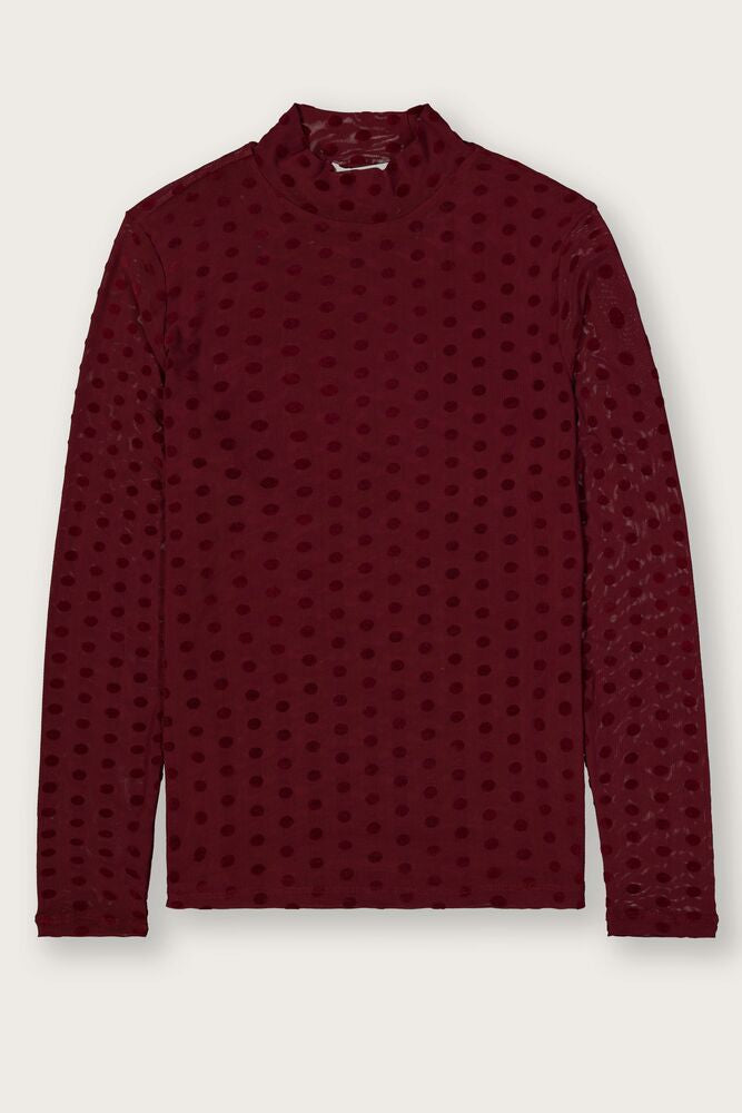 Garcia Rosewood Burgundy Velvet Polka Dot Long Sleeve Mesh Top