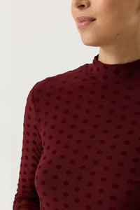 Garcia Rosewood Burgundy Velvet Polka Dot Long Sleeve Mesh Top
